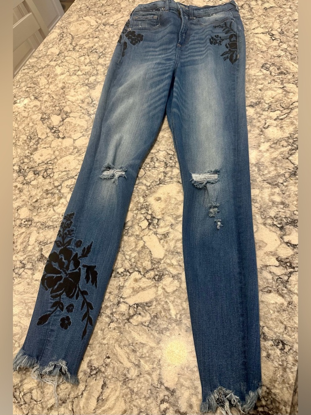 Blue Floral Embroidered Distressed Women’s Jeans